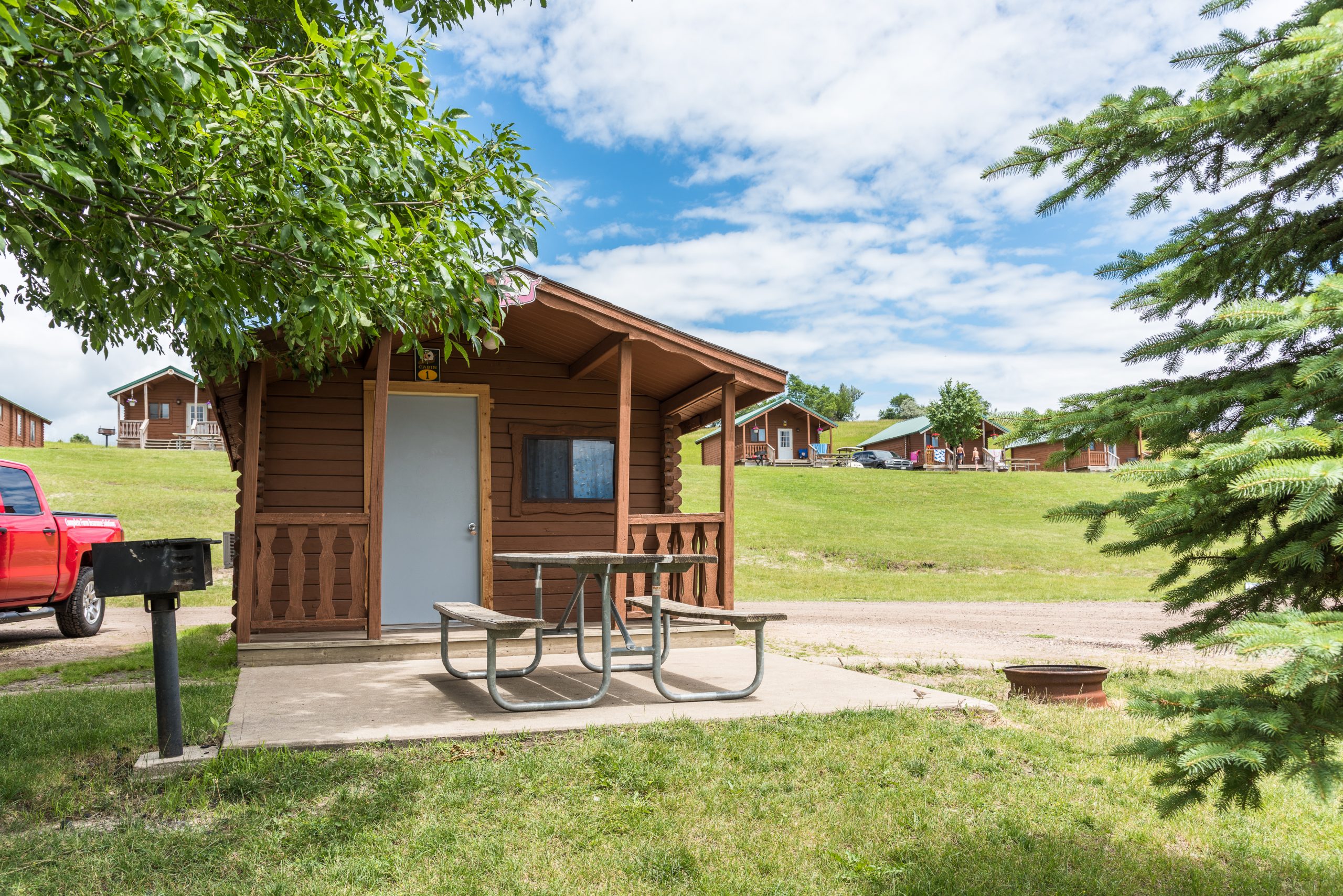 Front view of rustic cabin